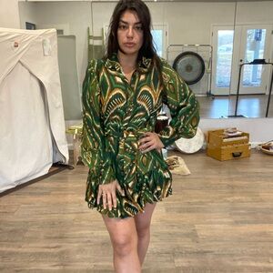 Farm Rio Green Ikat Print Tie-Waist Mini Dress • Size Small